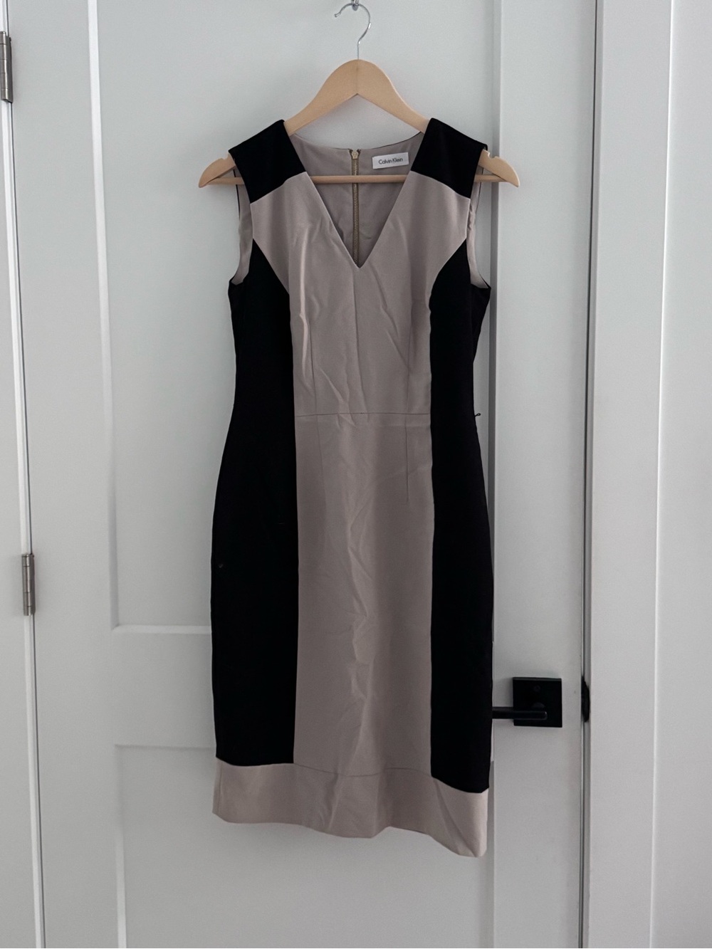 Calvin Klein Taupe and Black V-Neck Colorblock Midi Dress